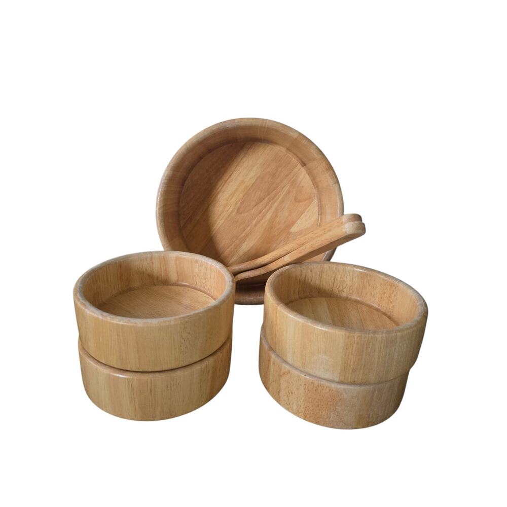 Wood Salad MIxing Bowl with 4 Salad Serving Bowls and Wooden Utensils